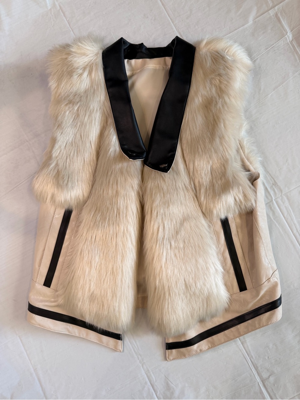 Souk + Sepia Cream Faux Fur Vest Jacket Faux Leather Black Trim